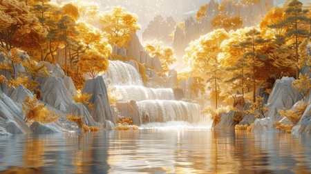 Beautiful autumn landscape with waterfall in forest. 3d render illustrationの素材
