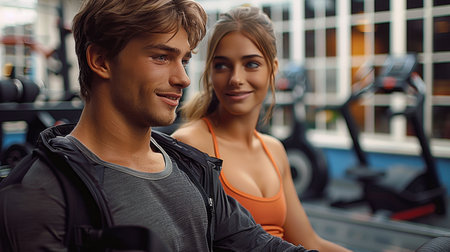 Attractive young couple in sportswear smiling and looking at camera in gymの素材