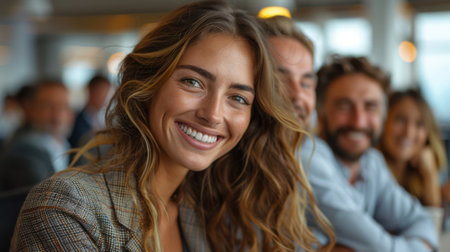 Portrait of smiling young businesswoman with colleagues in background at officeの素材
