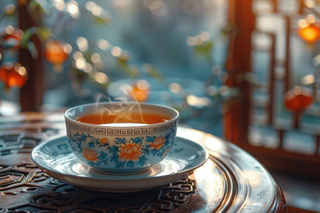 A cup of tea on a table in a cafe or restaurant.の素材