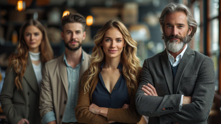 Portrait of confident business people standing with arms crossed in modern officeの素材
