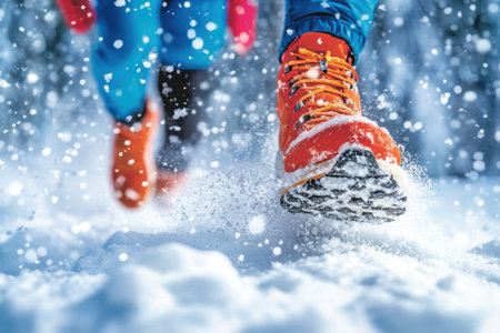 Close up of female legs in warm sportswear running on snowy trailの素材