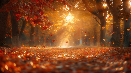 Beautiful autumn park with sunbeams and falling leaves. Nature backgroundの素材