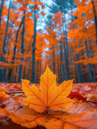 Autumn maple leaves on a blurred background of the forest. Autumn concept.の素材