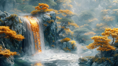 Fantasy landscape with waterfall and yellow bonsai trees. 3D renderingの素材