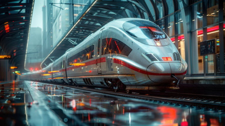 Modern high speed train in the city at night. 3d renderingの素材