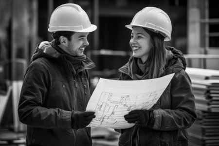 Architect and engineer working on blueprint at construction site, black and whiteの素材