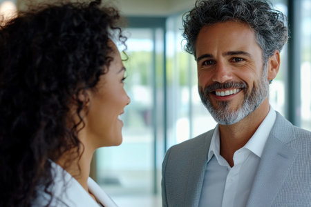 Portrait of smiling mature businessman and businesswoman looking at each other in officeの素材