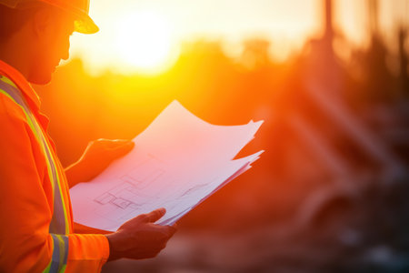 Architect or engineer working on construction site at sunset. Engineering concept.の素材