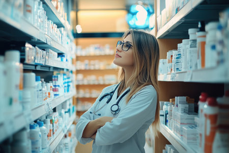 Female pharmacist in white coat and stethoscope standing in drugstoreの素材
