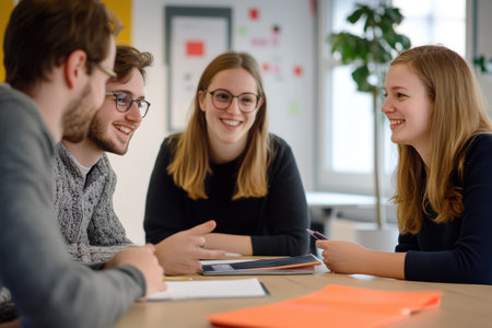 Group of students sitting at a desk in a classroom and studying togetherの素材