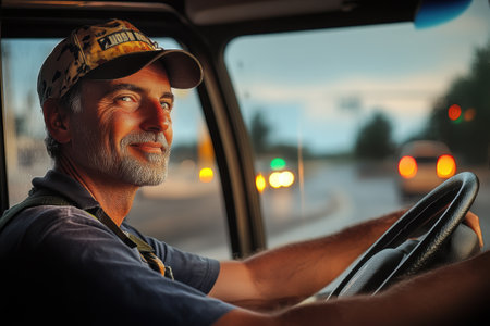 Portrait of senior man driving a car on the road at duskの素材