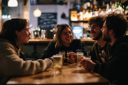Group of friends drinking beer and having fun in a pub or restaurant.の素材