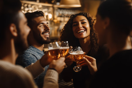 Group of friends toasting with glasses of beer at bar or pubの素材