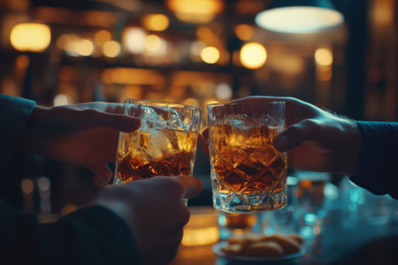 Close-up of two male hands clinking glasses with whiskey and iceの素材