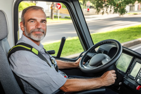portrait of smiling mature man driving car and looking at camera in cityの素材