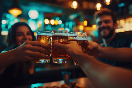 Group of friends clinking glasses with beer at bar counter, close upの素材