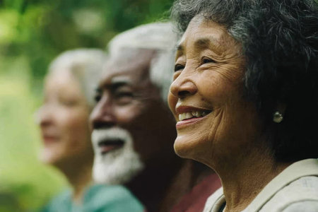 Portrait of a senior couple smiling at the camera in the gardenの素材