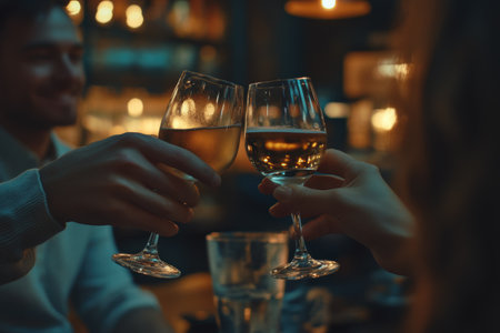 Couple clinking glasses with white wine in bar, closeupの素材