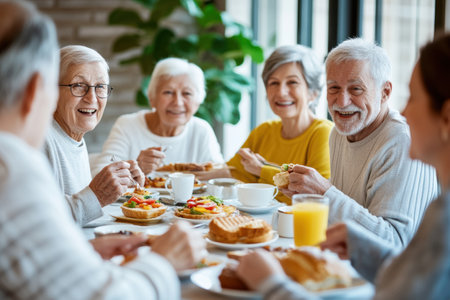 Happy family. Group of cheerful senior people sitting at the table and having breakfast togetherの素材