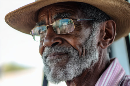 Portrait of an elderly African man wearing a hat and glasses.の素材