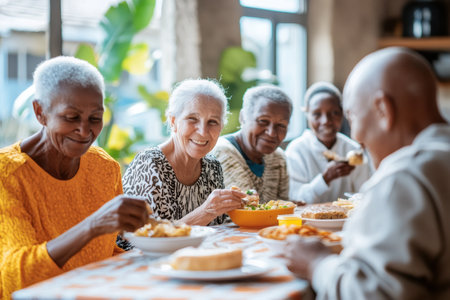 Cheerful senior people having lunch at home. Cheerful senior people sitting at the table and eating together.の素材