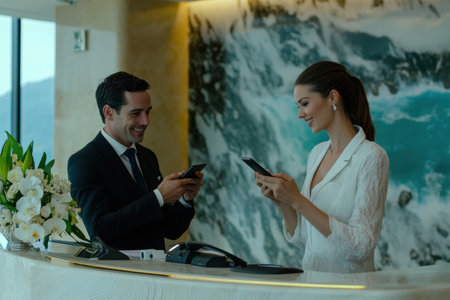 Beautiful bride and groom in luxury hotel reception using mobile phones.の素材