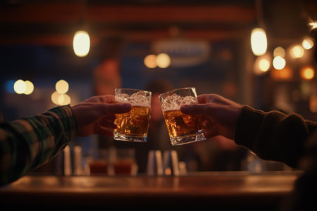 Man and woman clinking glasses of beer in pub, closeupの素材