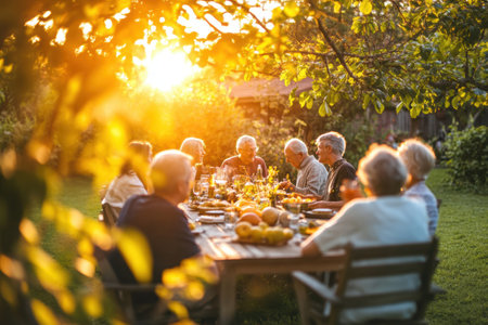 Group of seniors having dinner in the garden at sunset. Selective focus.の素材