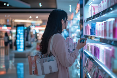 Young asian woman shopping in department store, she is buying cosmetics.の素材