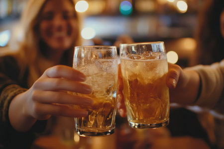 Close-up of two female friends clinking glasses of beer.の素材