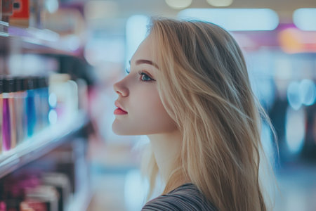 Beautiful young woman shopping in a cosmetics store. Portrait of a girl in a shop.の素材
