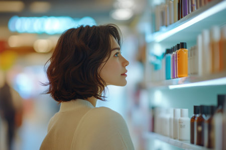 Side view of a young woman looking at cosmetics in a cosmetics shopの素材