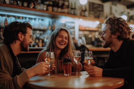 Group of young friends drinking wine and having fun in a pub.の素材