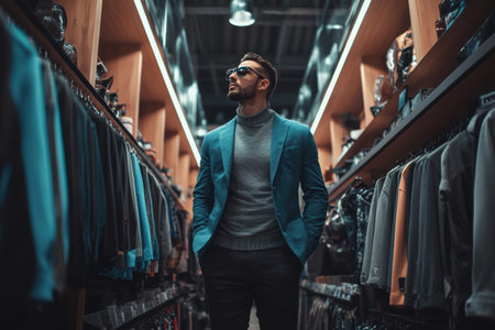 Handsome young man in a jacket and sunglasses is standing in a fashion store.の素材
