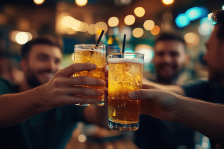friends clinking glasses of beer and having fun at bar or pubの素材