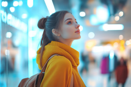 Portrait of a beautiful young woman in a yellow coat on the background of shopping mall.の素材