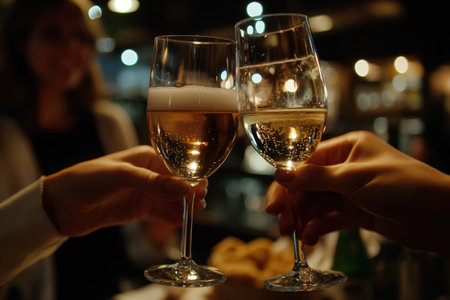 Group of friends clinking glasses of champagne at bar, closeupの素材