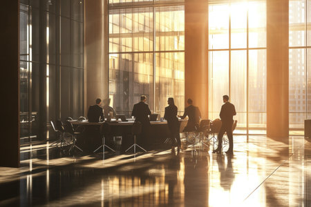 Silhouettes of business people working in a modern office with glass wallsの素材