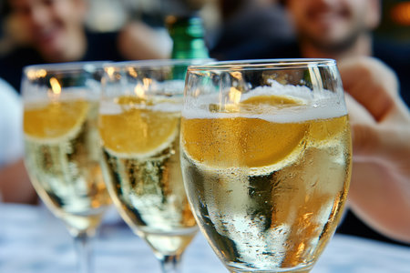 Glasses of champagne with a slice of lemon, close-upの素材