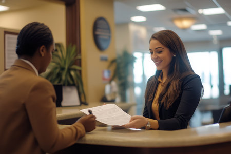 Smiling businesswoman signing contract in cafe. Young businesswoman signing document.の素材