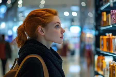 Beautiful young redhead woman looking at cosmetics in the shopping mallの素材