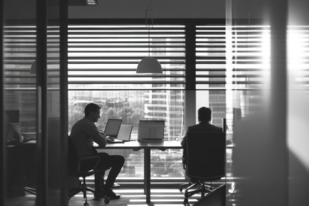Two young business people working together in modern office. Black and whiteの素材