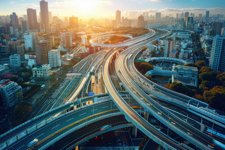 Aerial view of highway and city skyline at sunset in Shanghai,China.の素材