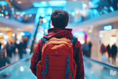 Back view of a young man with a backpack in a shopping mallの素材
