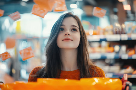 Beautiful young woman in orange sweater shopping in the supermarket. Concept of shopping.の素材