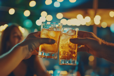 close up of friends hands with glasses of whiskey and ice at barの素材