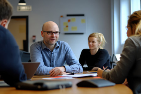 Group of a young business people discussing business plan at modern startup office buildingの素材