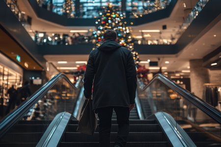 Back view of a man walking down the escalator in shopping mallの素材