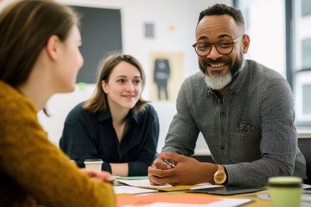Portrait of a smiling mature businessman working with his female colleague in the officeの素材